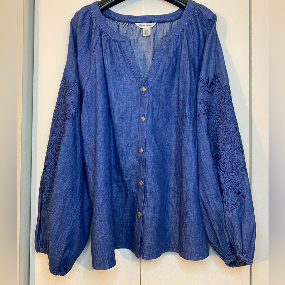 Tommy Bahama Indigo Cove Embroidered Blouse (Size L) Ptp 21”-22” - Picture 3 of 3